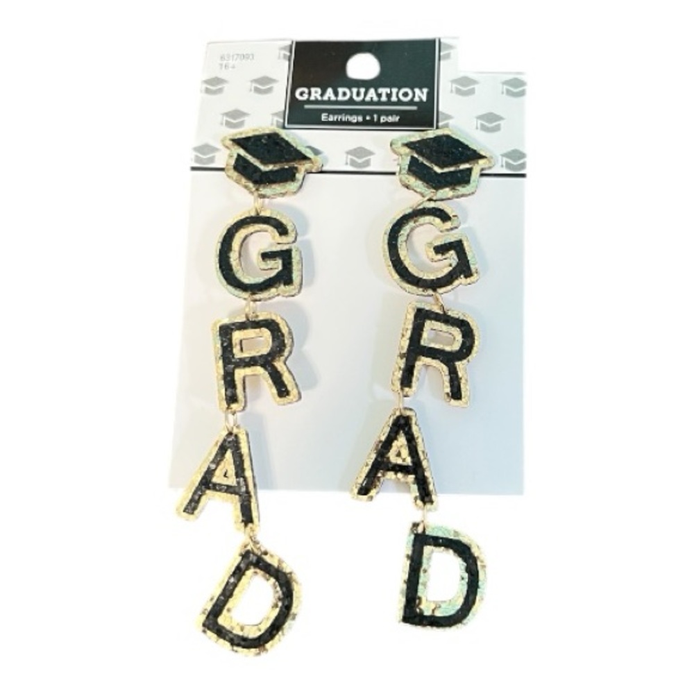 Gold and Black Glitter GRAD Graduation Dangle Earrings
